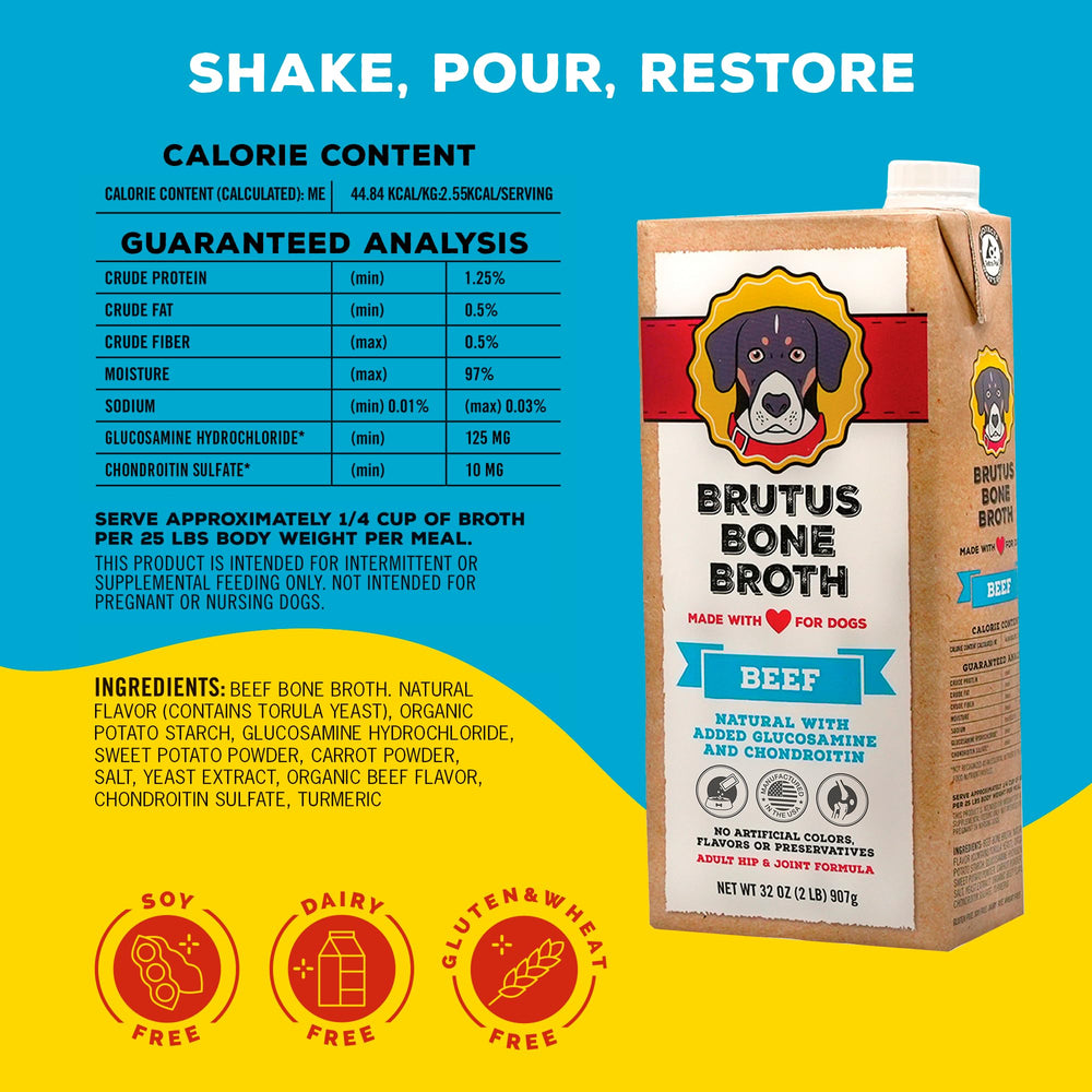 Brutus Beef Bone Broth pour over kibble for tastier meals and hydration