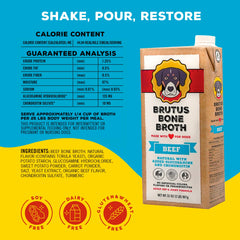 Brutus Beef Bone Broth pour over kibble for tastier meals and hydration