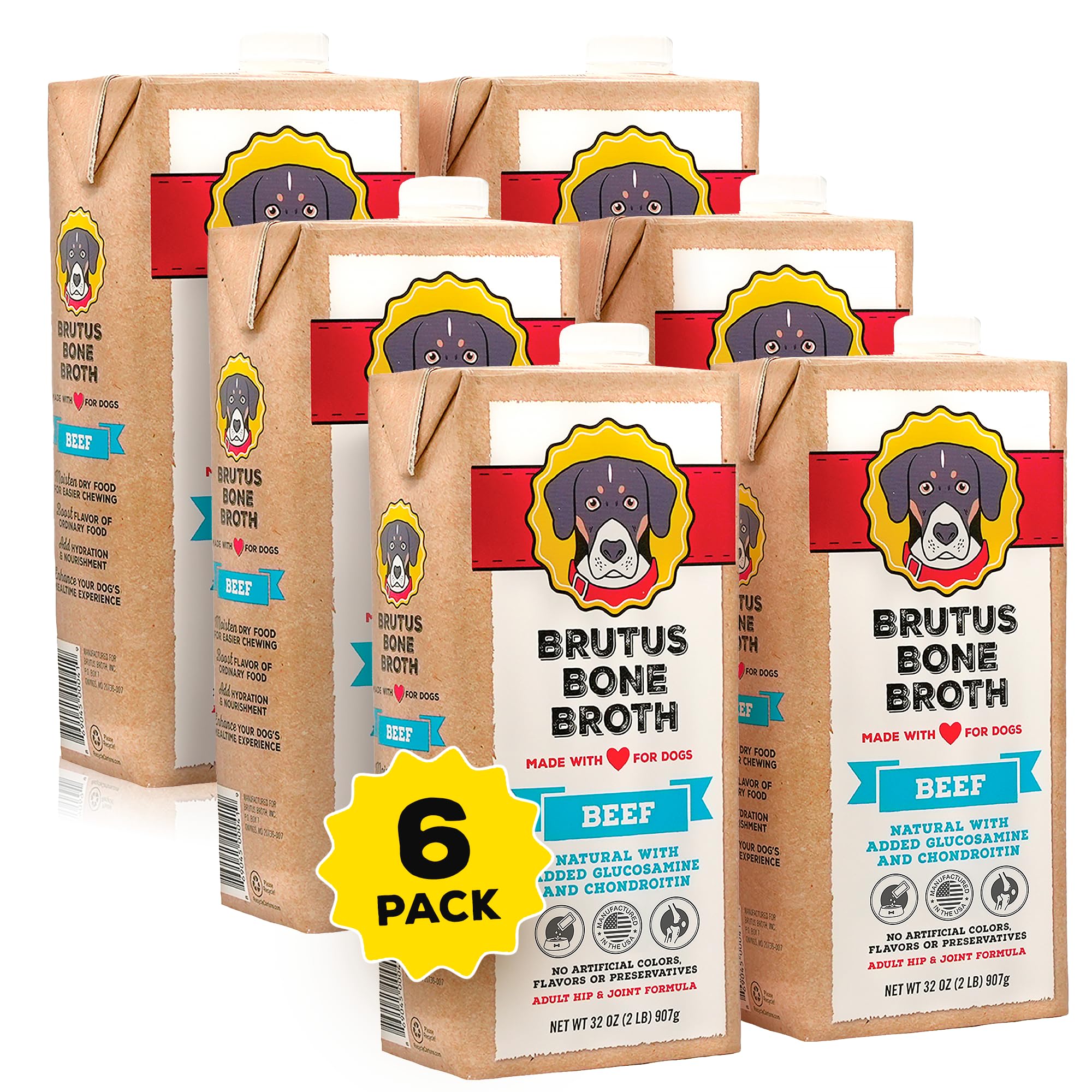 Brutus Beef Bone Broth bottle front with natural ingredients and dog-friendly flavor