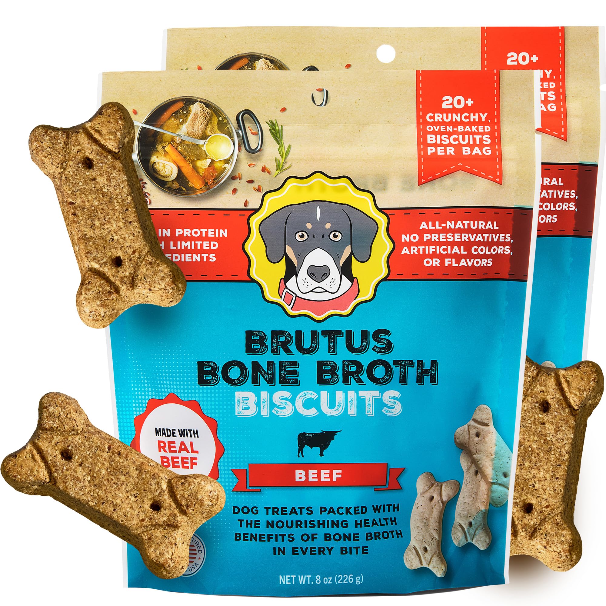 Brutus Bone Broth Biscuits beef closeup — protein-packed dog treat moment