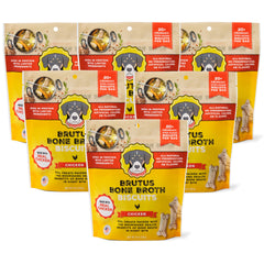 Brutus Bone Broth Biscuits packaging highlights gluten-free, preservative-free chicken treats.