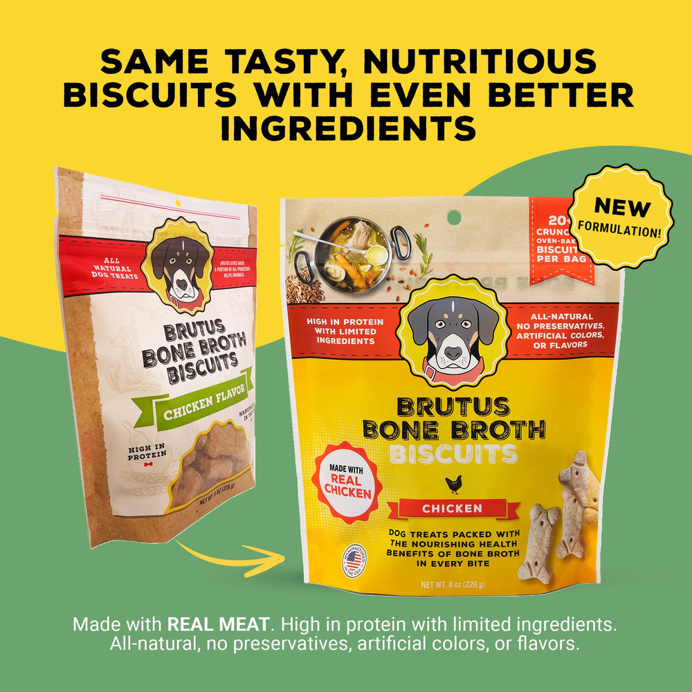 Brutus Bone Broth Biscuits Puppy and senior dog enjoying gluten-free biscuits