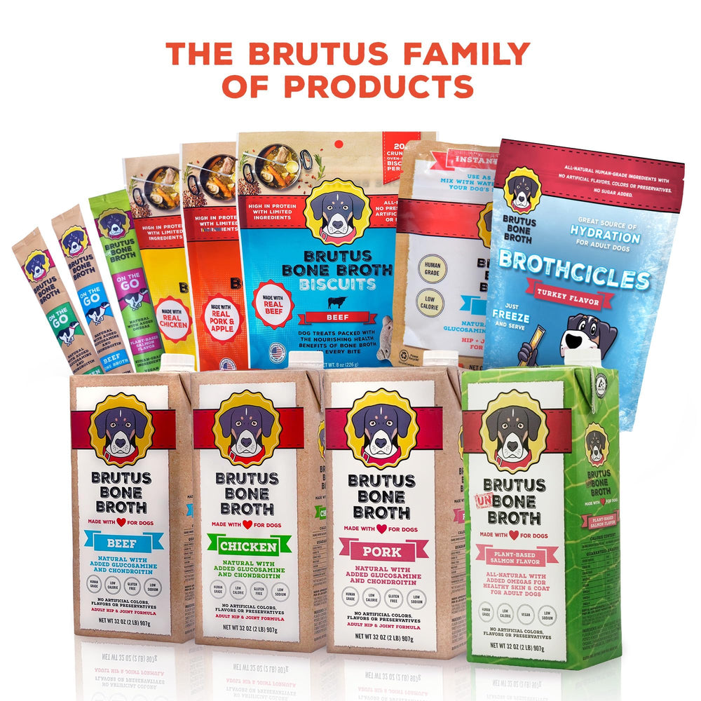 Brutus Bone Broth Biscuits USA-made packaging communicates eco-friendly, recyclable materials.