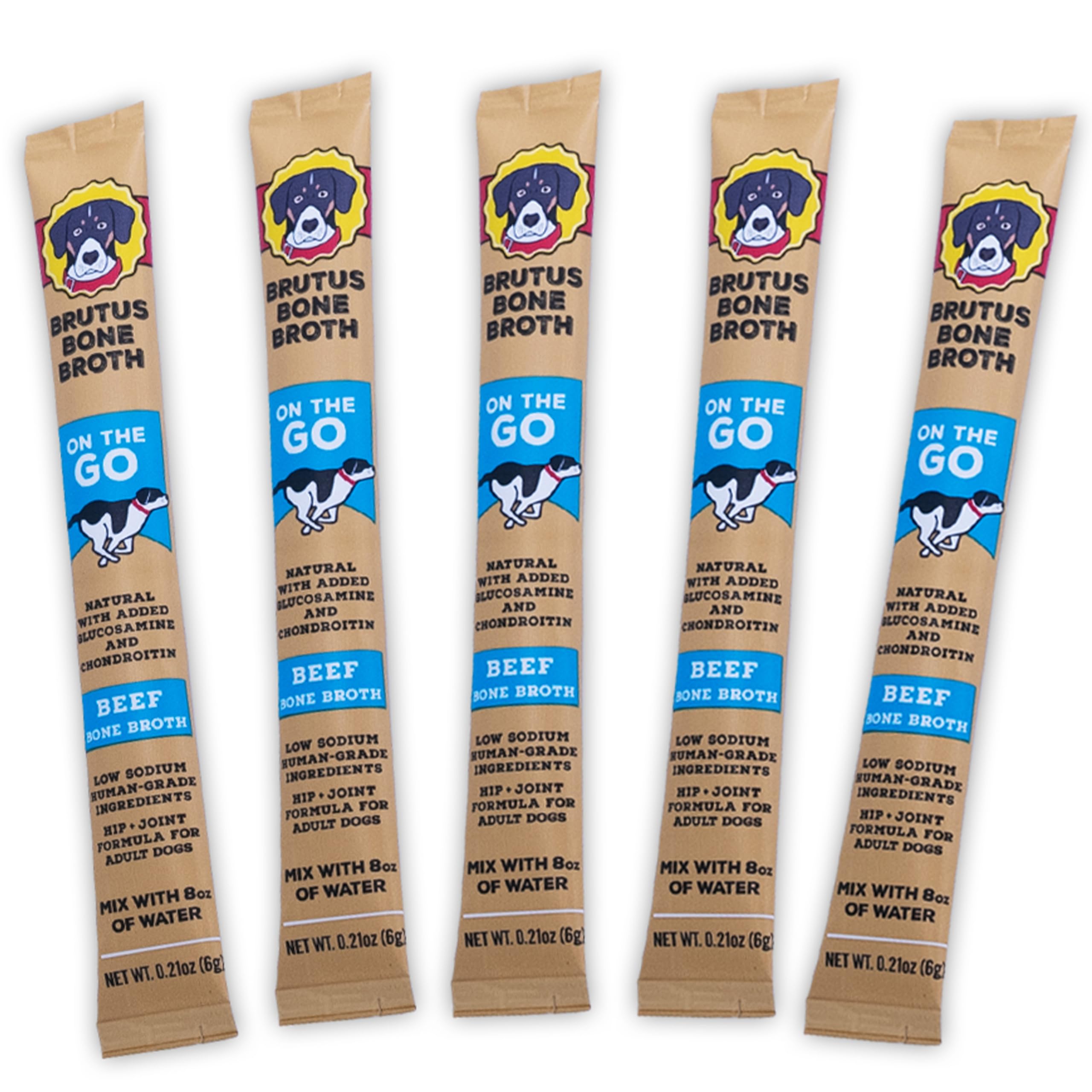 Brutus Bone Broth dog topper packaging for convenient on-the-go feeding