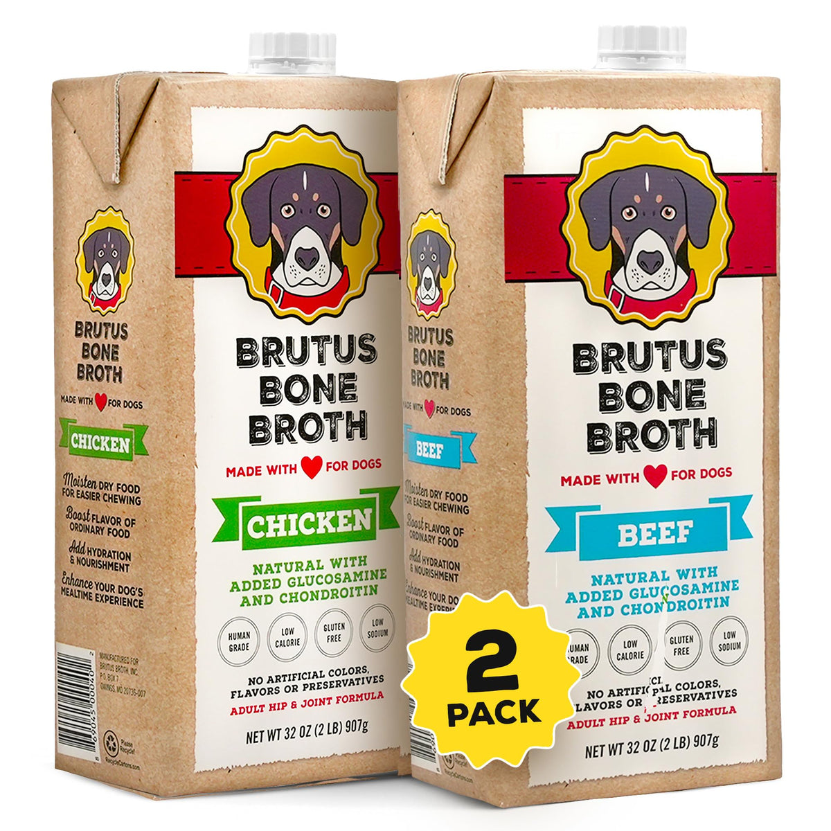 Brutus Bone Broth beef bottle ready to pour for tasty hydration during meals.