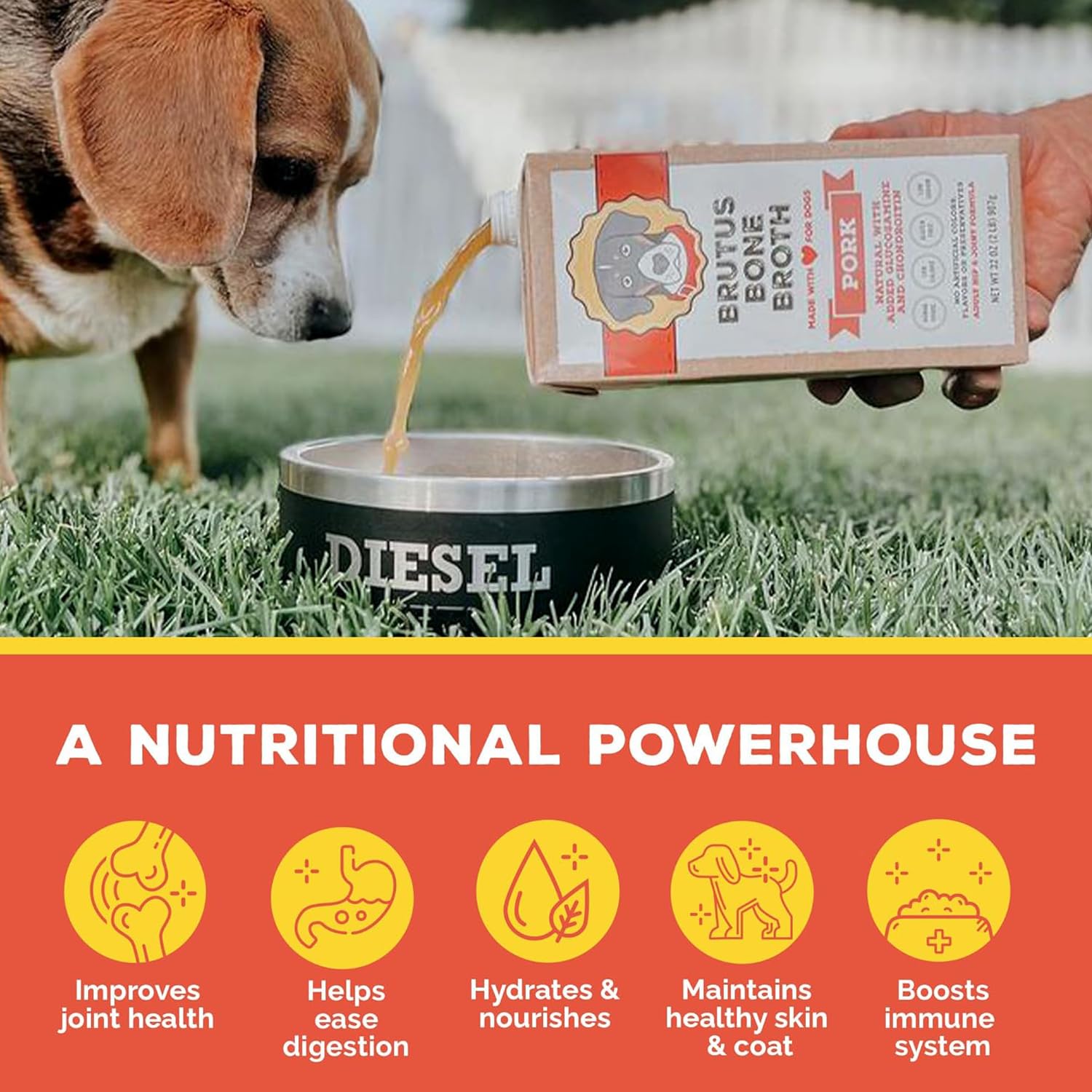 Brutus Bone Broth for Dogs joint support image highlights glucosamine and chondroitin benefits.