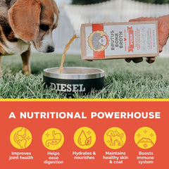 Brutus Bone Broth for Dogs joint support image highlights glucosamine and chondroitin benefits.