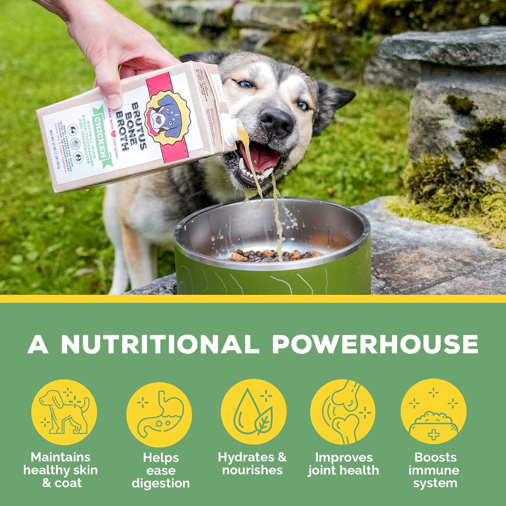 Brutus Bone Broth tub shown with kibble toppers to hydrate meals.