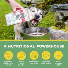 Brutus Bone Broth tub shown with kibble toppers to hydrate meals.
