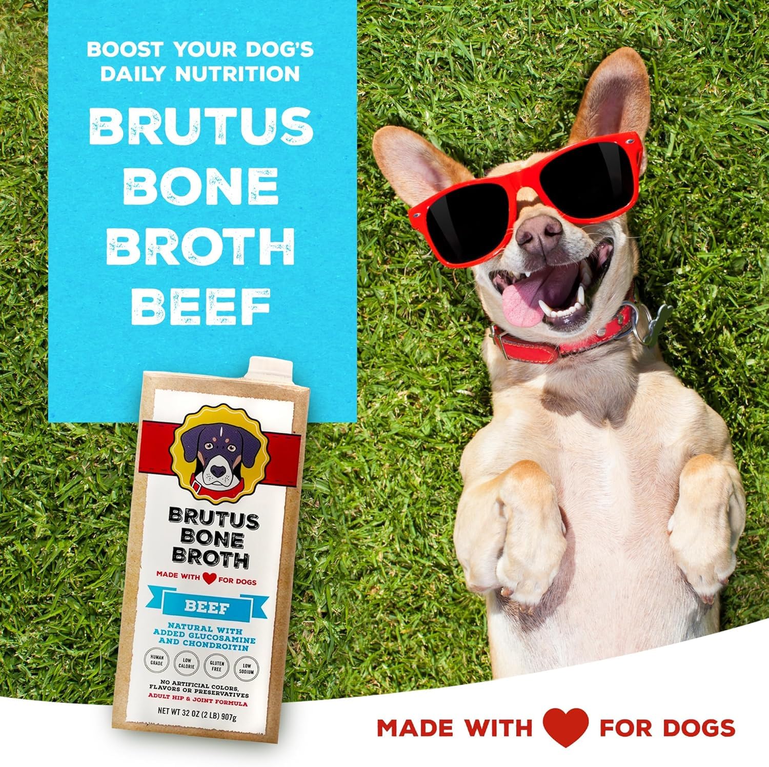 Brutus Bone Broth label highlights glucosamine and chondroitin for joint comfort support.