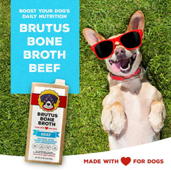 Brutus Bone Broth label highlights glucosamine and chondroitin for joint comfort support.