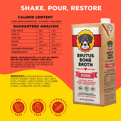 Brutus Bone Broth for Dogs pork flavor image emphasizes savory taste for meal-time appeal.