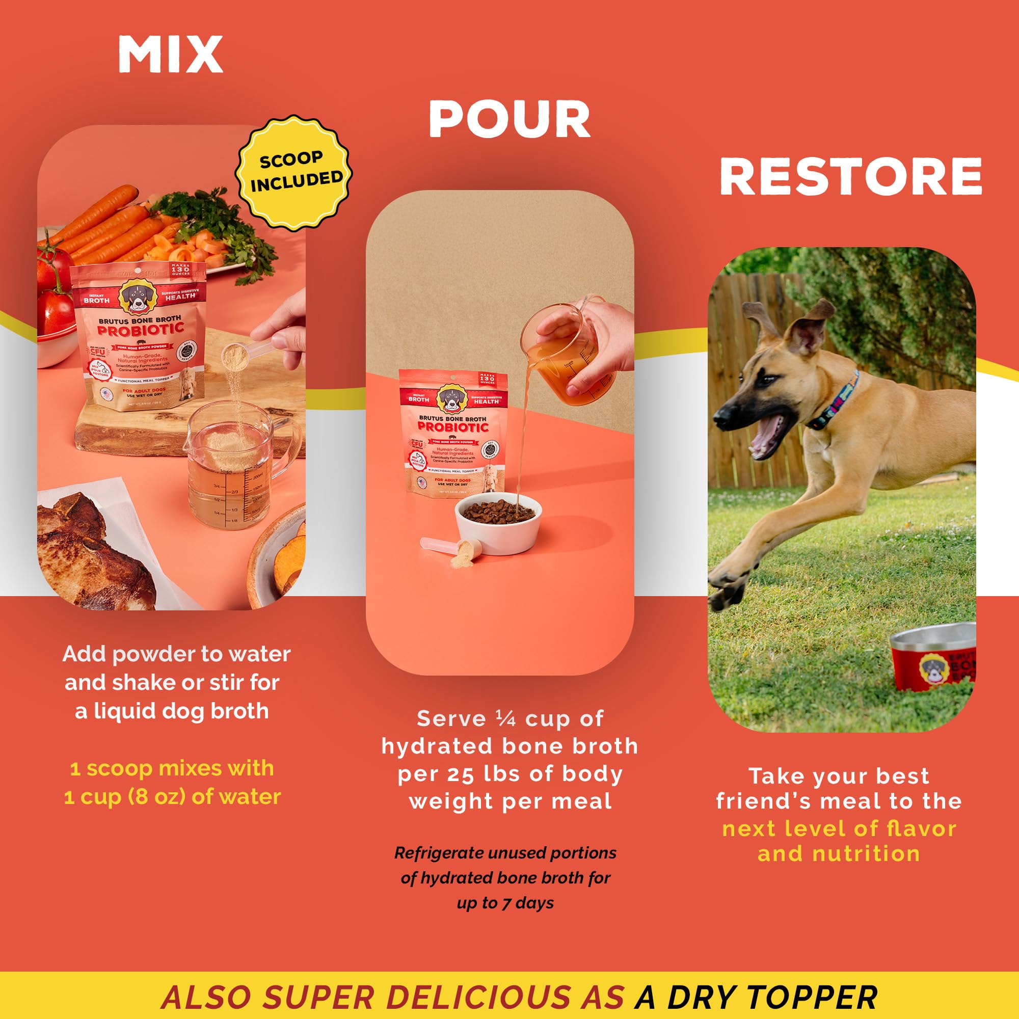 Brutus Bone Broth Powder ingredients label highlights natural, human-grade components