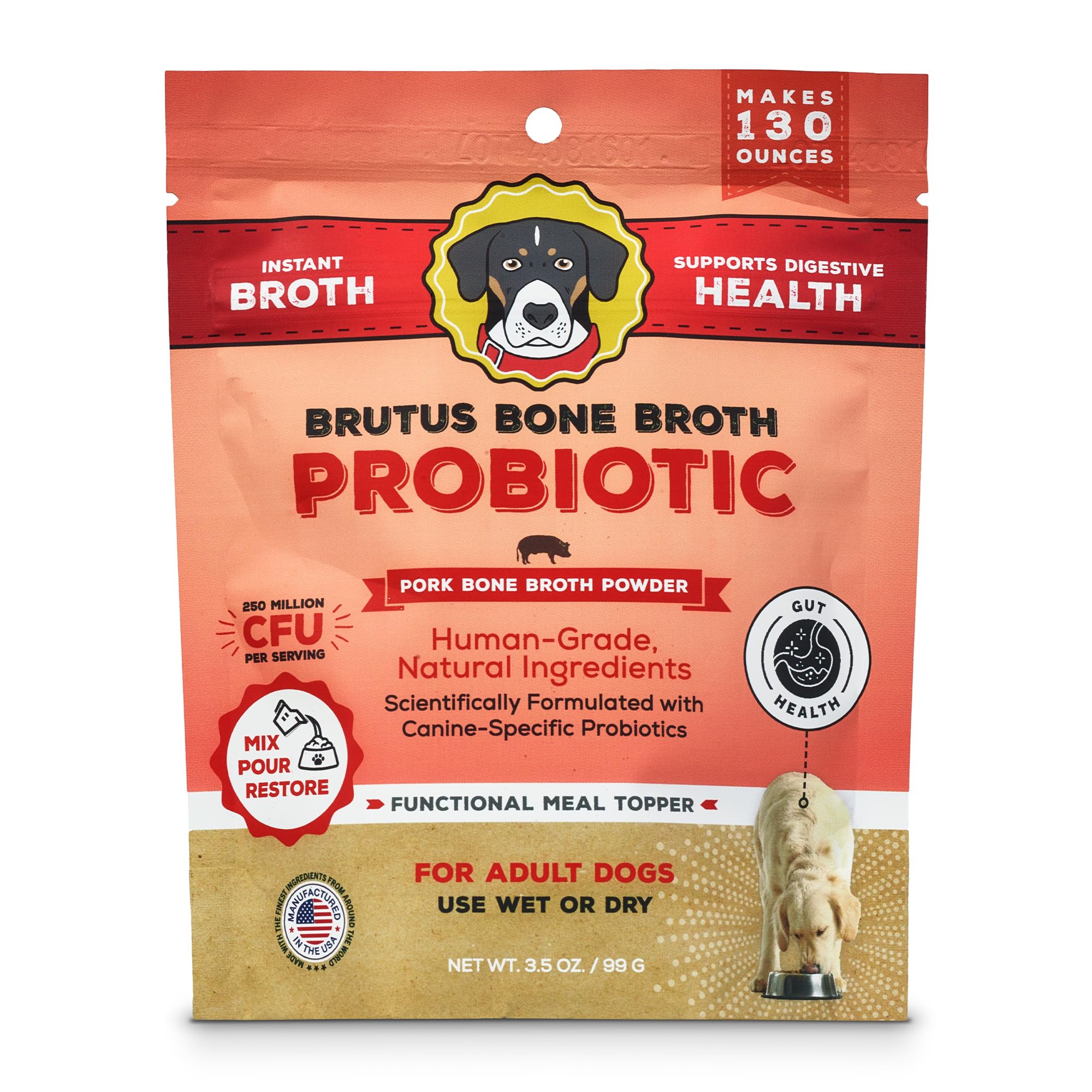 Brutus Bone Broth Powder pork flavor jar closeup highlighting natural ingredients and aroma appealing to dogs