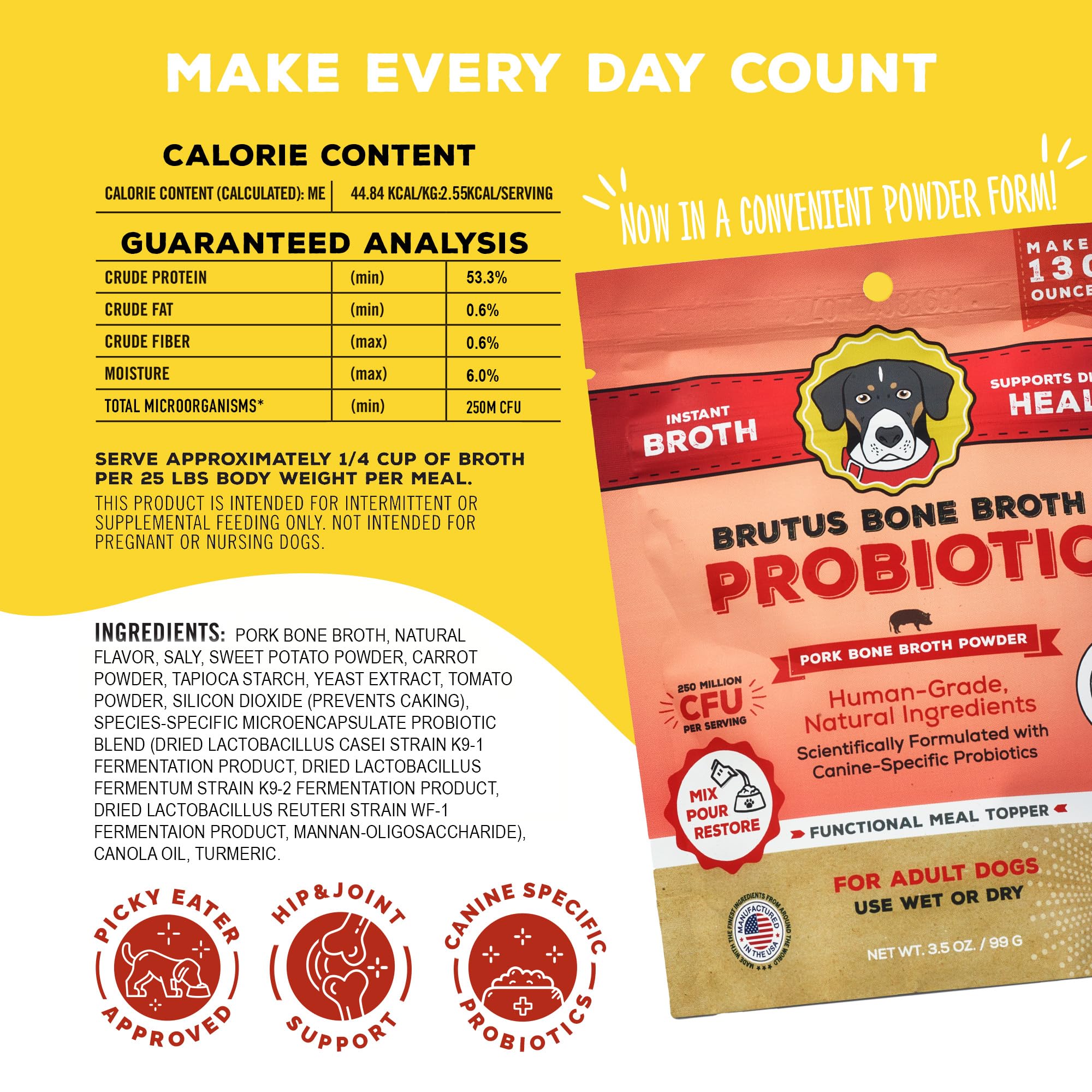 Brutus Bone Broth Powder pork flavor serving in bowl shows meal enhancement for picky eaters