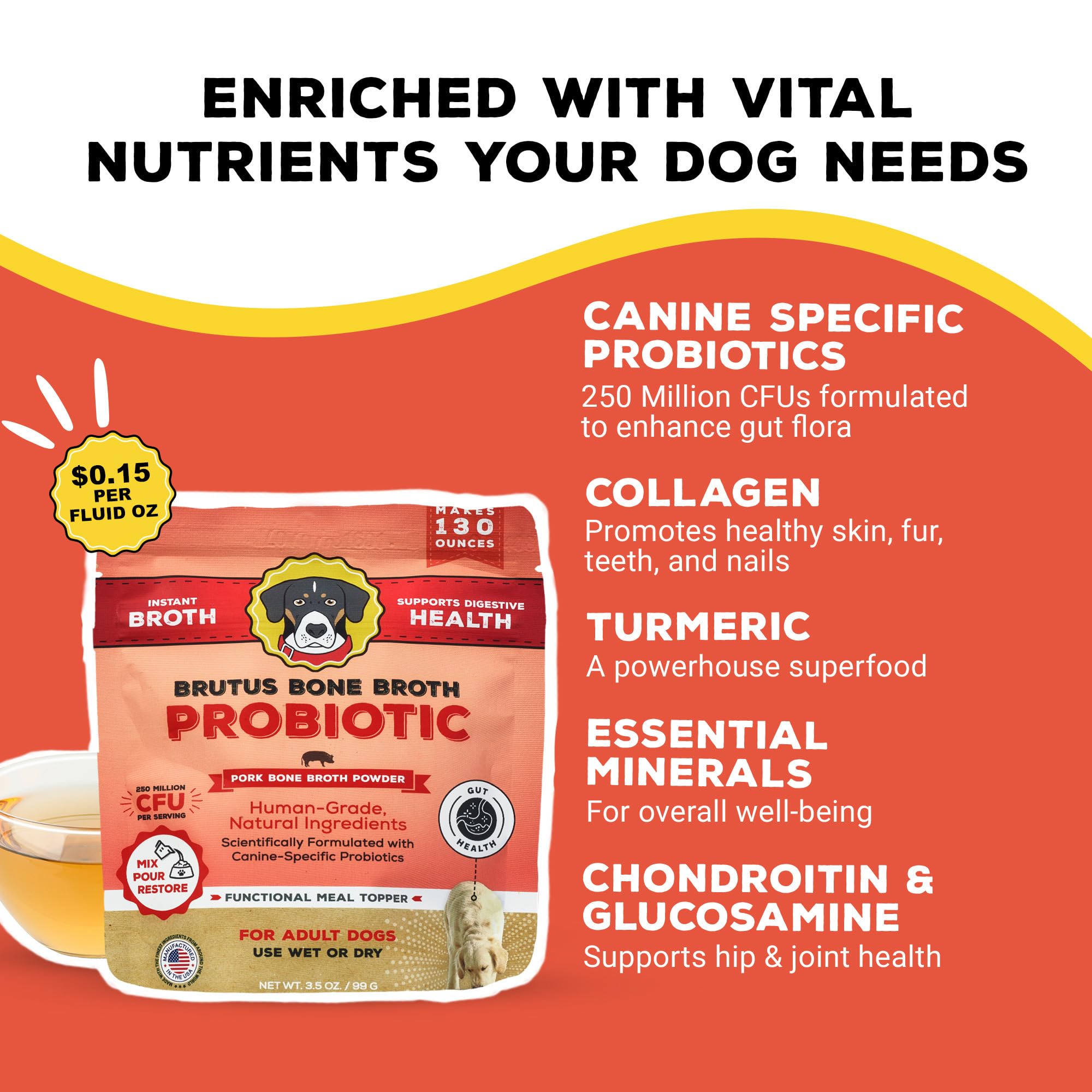 Brutus Bone Broth Powder scoop over bowl demonstrates easy prep for a flavorful broth