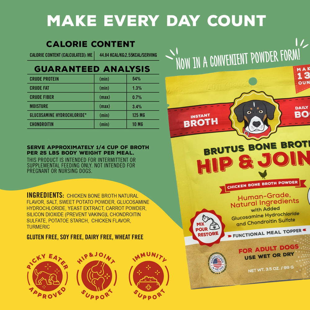 Brutus Bone Broth Powder tub back shows ingredients and gluten-free claim for dogs