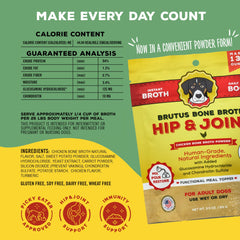 Brutus Bone Broth Powder tub back shows ingredients and gluten-free claim for dogs