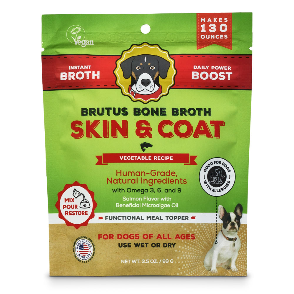 Brutus Broth salmon powder pack adds savory flavor to dogs' meals.