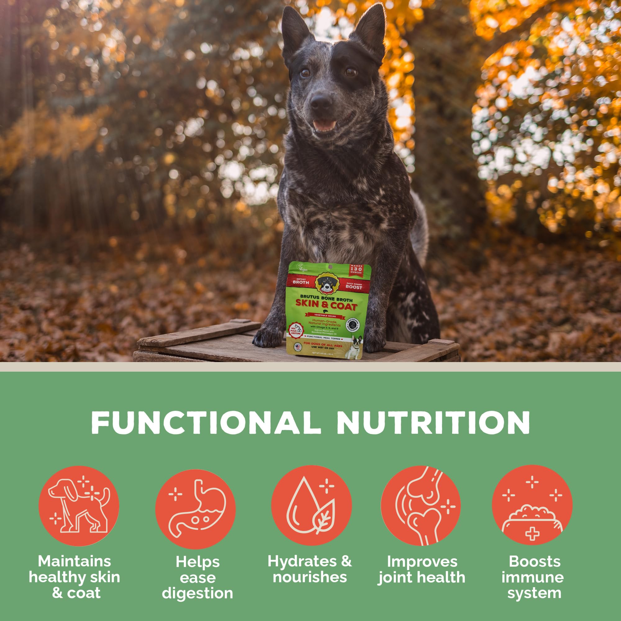 Brutus Broth packaging front communicates quality and allergen-free ingredients.