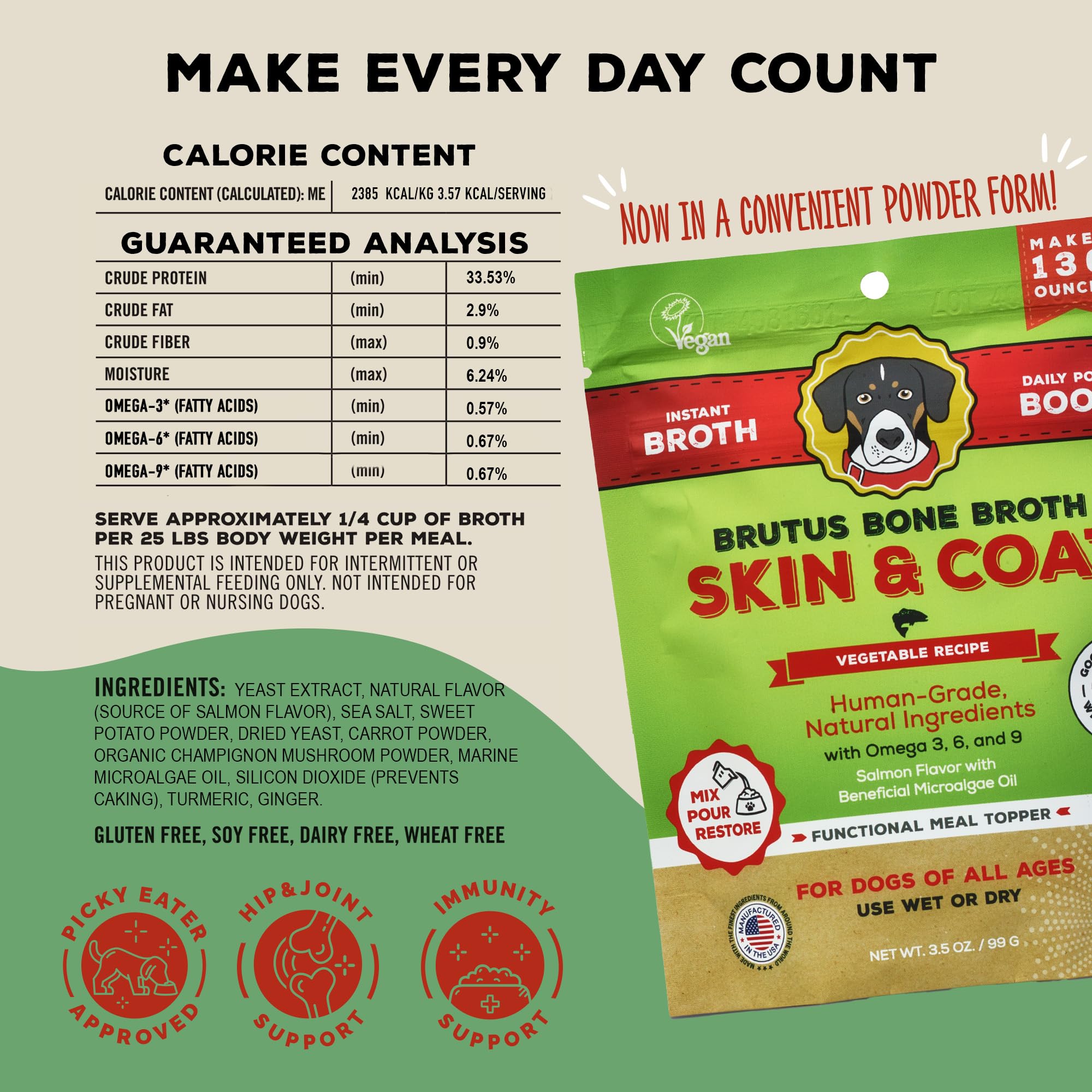 Brutus Broth vegetable powder closeup highlights natural ingredients for hydration.
