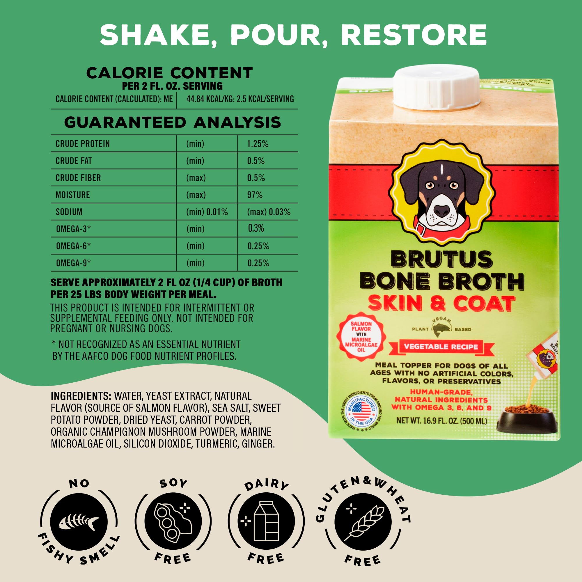 Brutus Bone Broth ingredients display highlights human-grade ingredients for dogs.