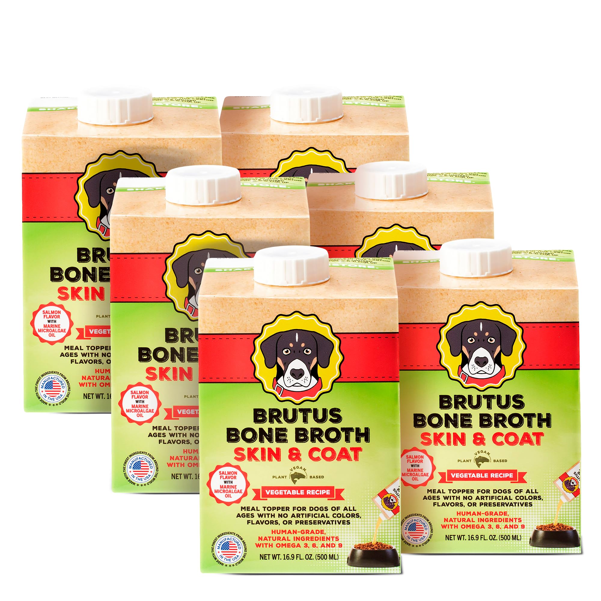 Brutus Vegetable Broth for Dogs bottle pour showing hydration and flavor enhancement.