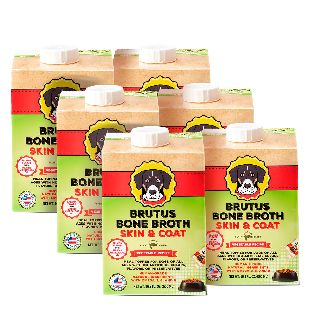 Brutus Vegetable Broth for Dogs bottle pour showing hydration and flavor enhancement.