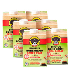 Brutus Vegetable Broth for Dogs bottle pour showing hydration and flavor enhancement.