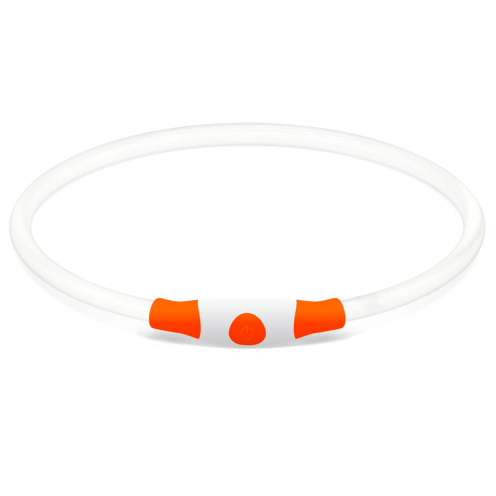 BSEEN LED dog collar in orange demonstrates multiple modes for customizable lighting.