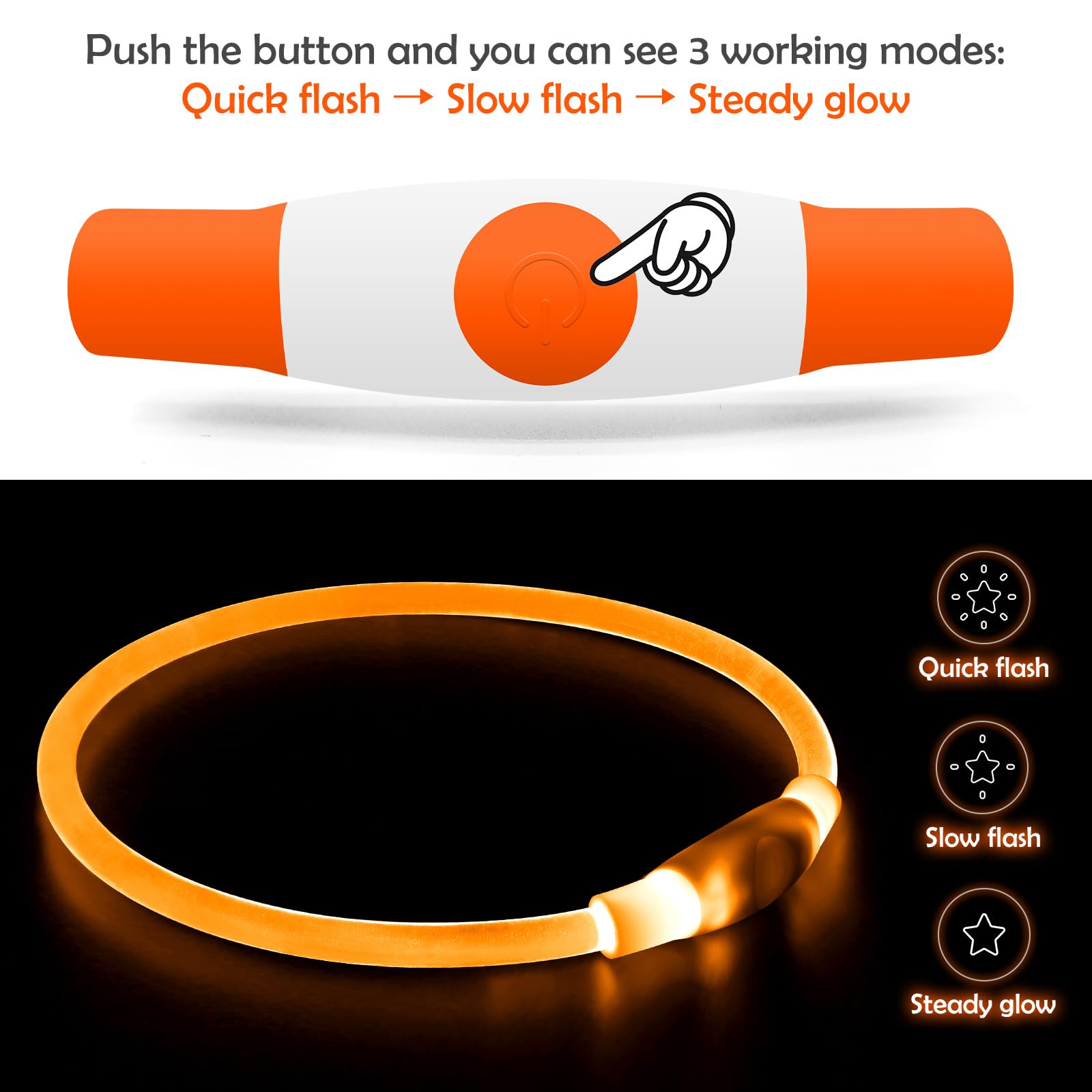 BSEEN LED dog collar orange demonstrates USB recharge for quick top-ups after walks.