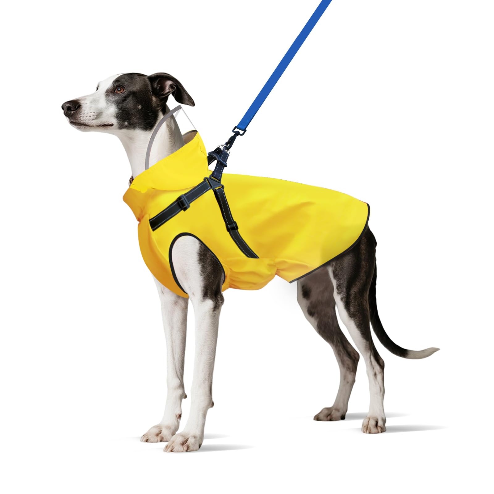 Bsemax dog raincoat yellow L back-view shows reflective harness for nighttime safety.
