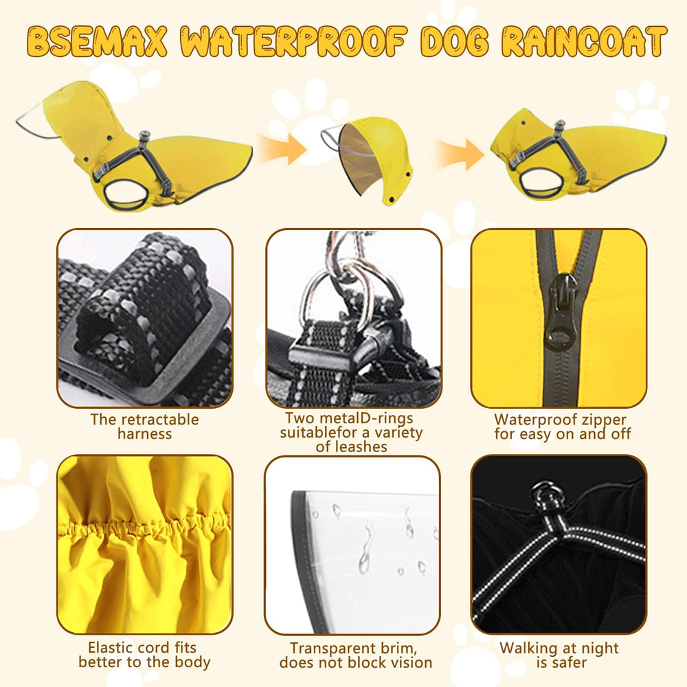 Bsemax dog raincoat yellow L size-chart view helps find perfect fit.
