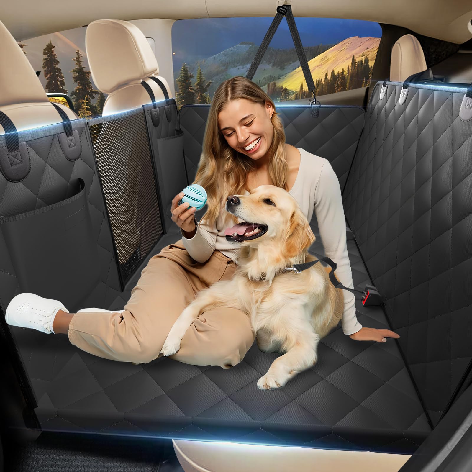 Btefd back-seat extender with dog on seat offering extra space for comfort.