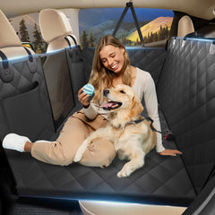 Btefd back-seat extender with dog on seat offering extra space for comfort.