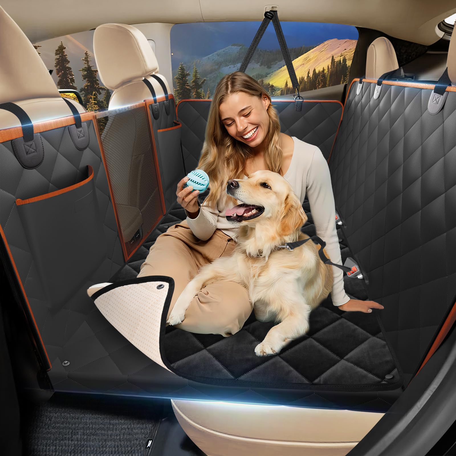 Btefd back seat extender with soft blanket keeps dogs cozy and secure on car trips.