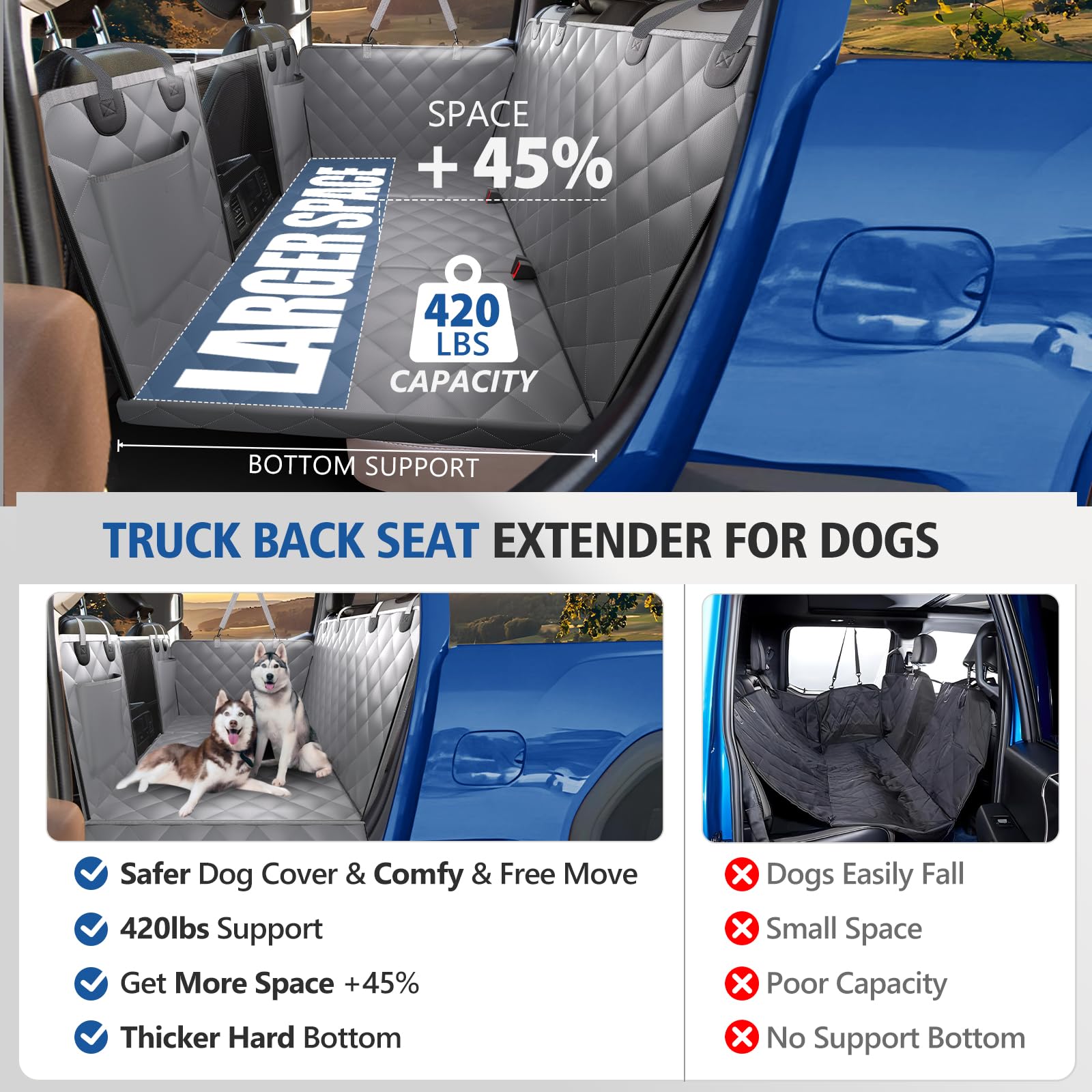 Btefd XL back seat extender in use shows dog comfortable and safe with hard bottom