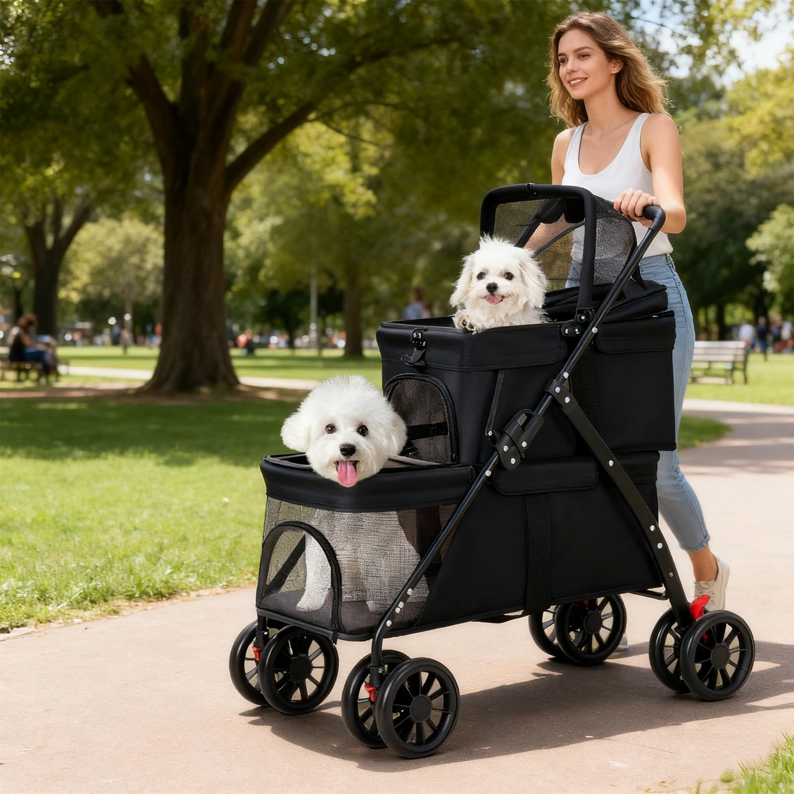 BUALR double dog stroller storage basket highlights convenient organization for walks