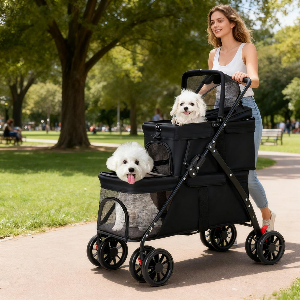 BUALR double dog stroller storage basket highlights convenient organization for walks