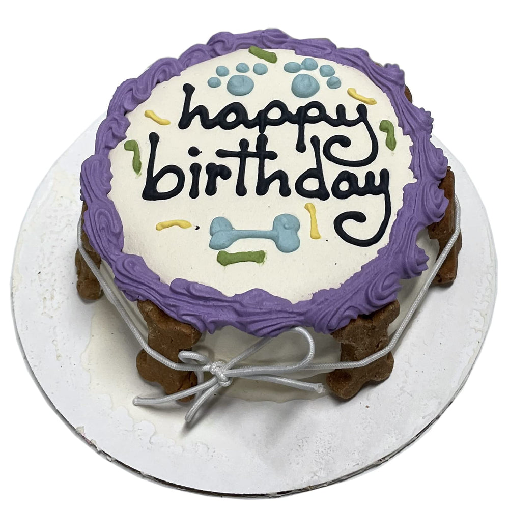 Bubba Rose White Dog Birthday Cake packaging shows USA-made gourmet treat for celebrations.