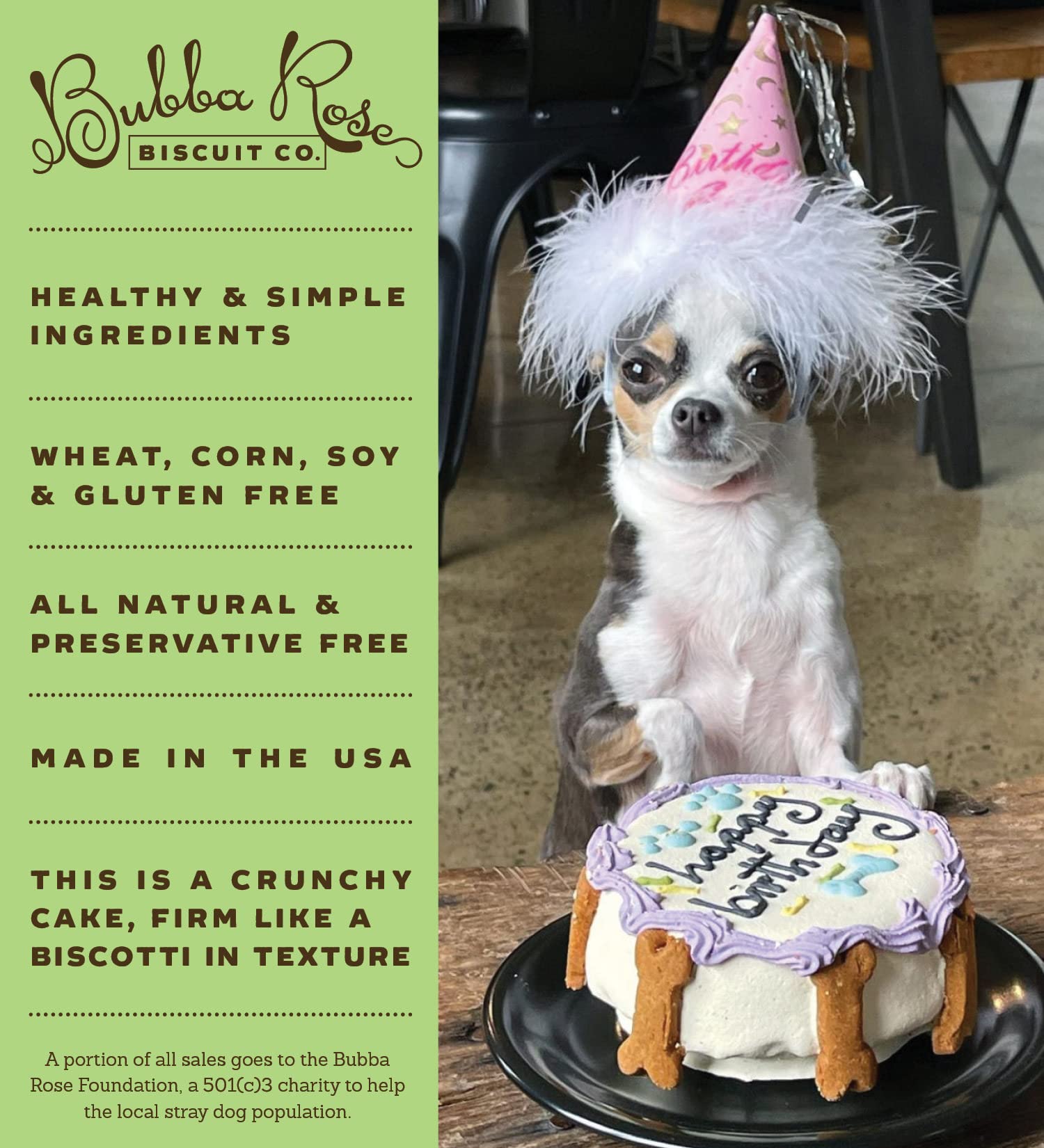 Bubba Rose White Dog Birthday Cake USA bakery shot emphasizes handcrafted baking quality.