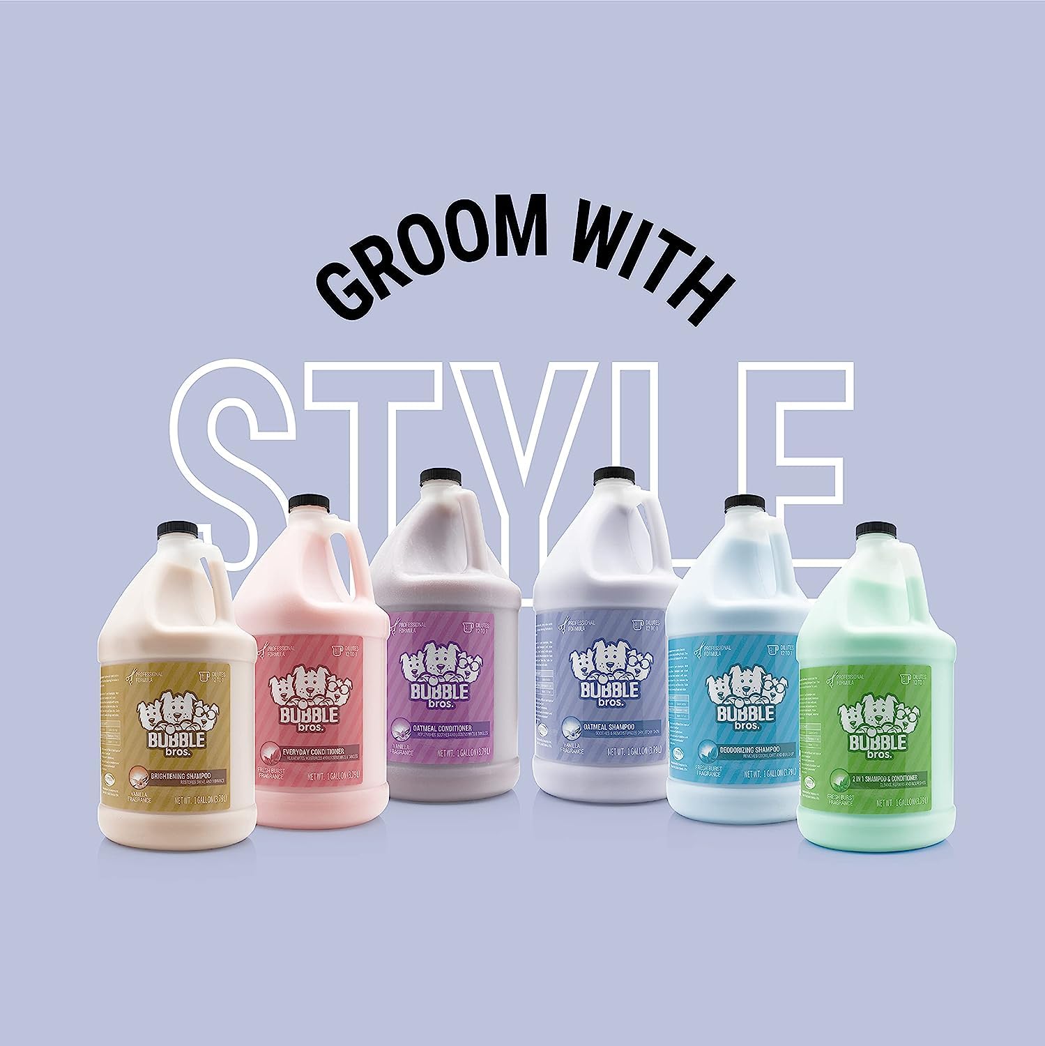 Bubble Bros Oatmeal Dog Shampoo gallon label emphasizes USA-made, natural ingredients, and bulk value.