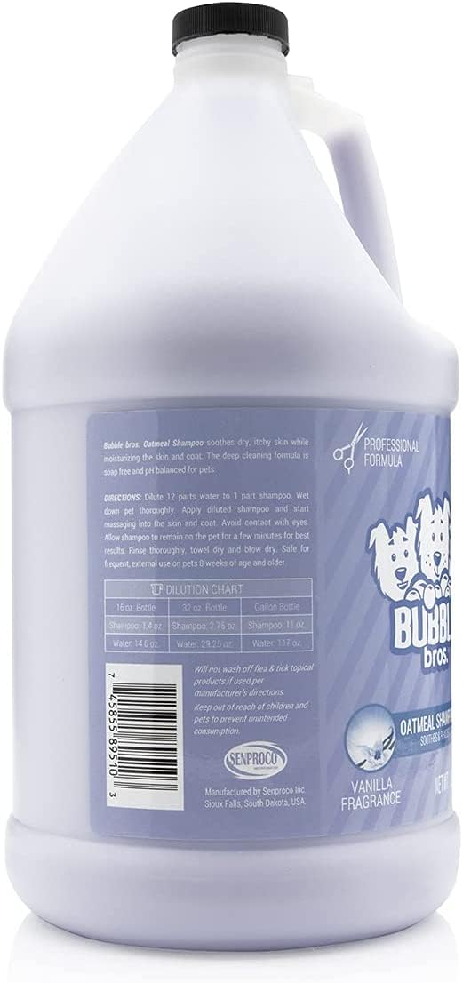 Bubble Bros Oatmeal Dog Shampoo being poured demonstrates 12:1 concentrate ready to dilute.