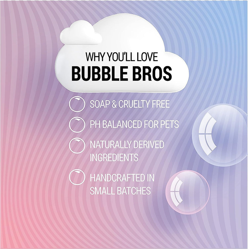 Bubble Bros Oatmeal Dog Shampoo packaging highlights eco-friendly, biodegradable formula.