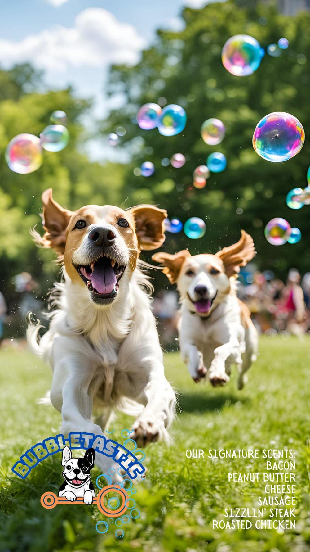 Bubbletastic dog bubble play-action image shows dogs chasing bubbles