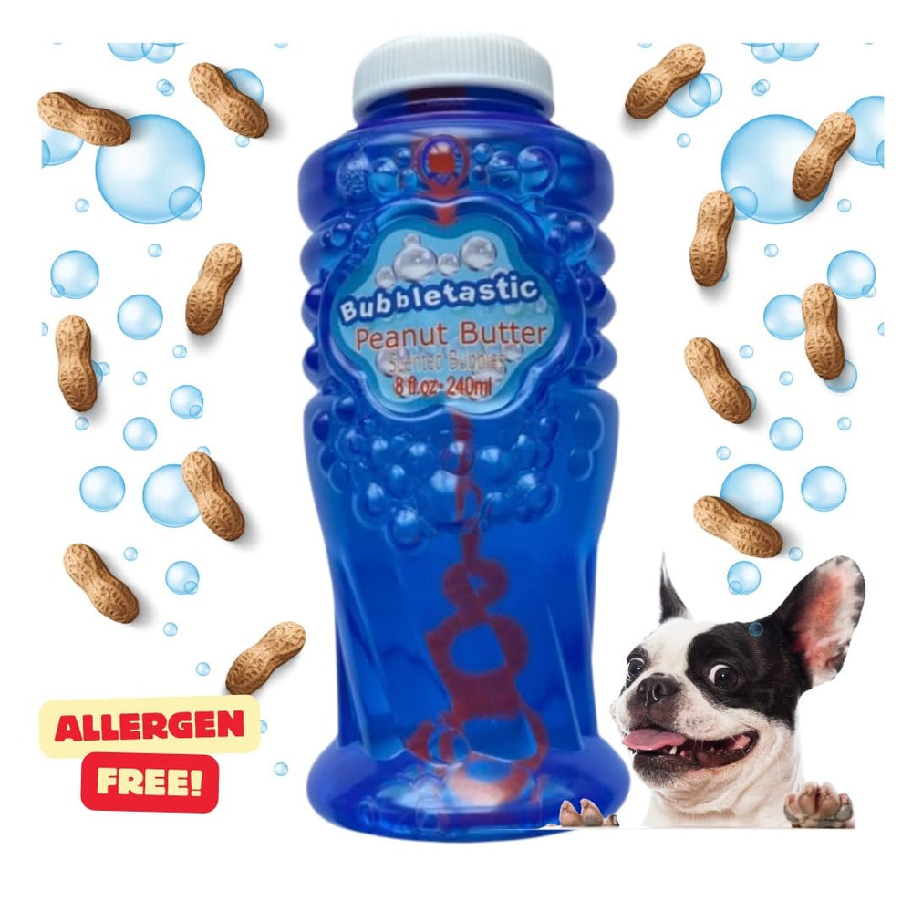 Bubbletastic peanut butter dog bubbles tear-free formula — gentle for eyes during play.