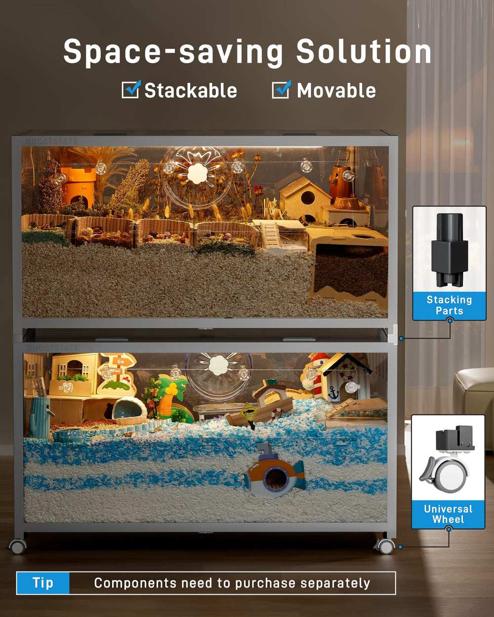 BUCATSTATE Hamster Cage 3.0 three-doors image emphasizes secure locking and easy access.