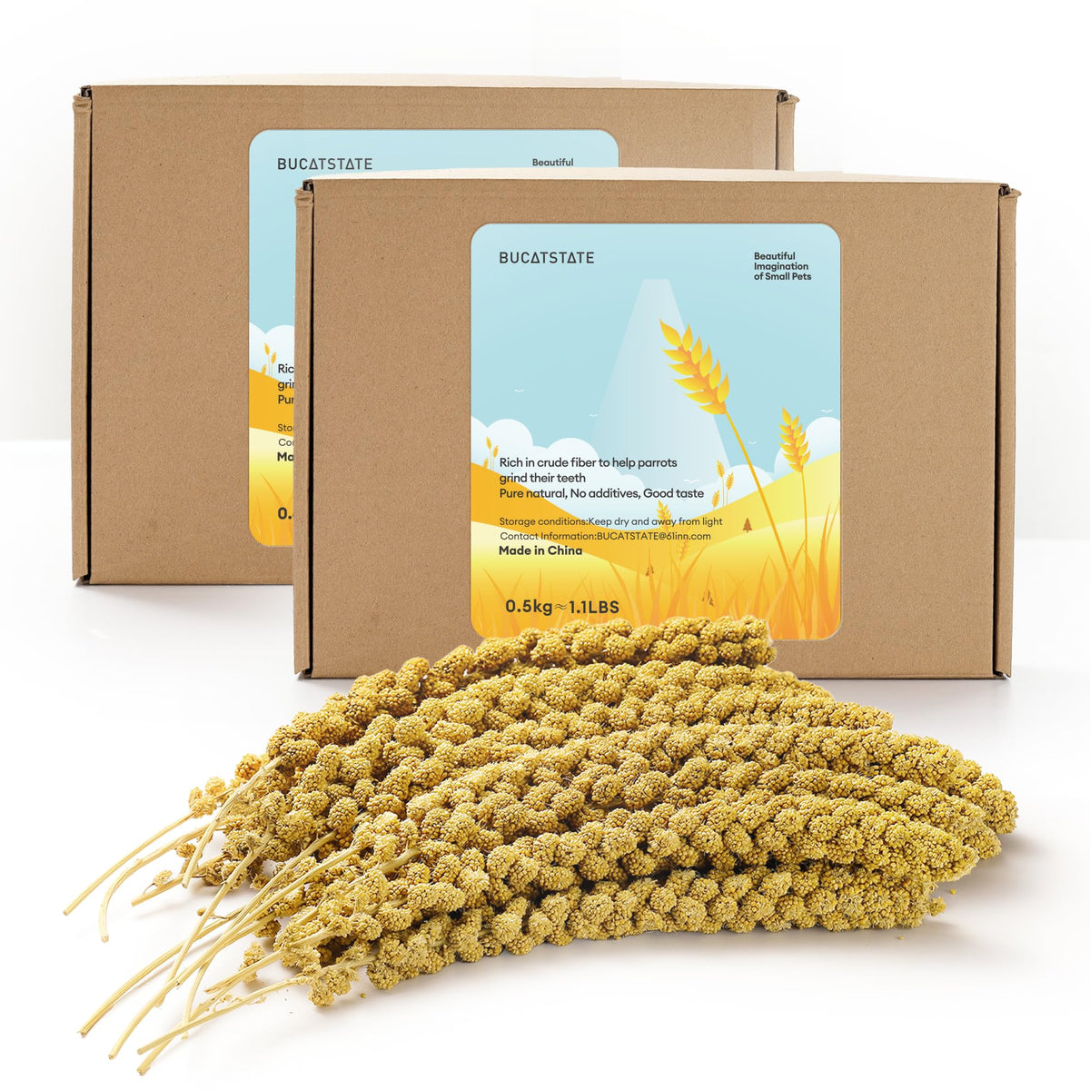 BUCATSTATE millet sun-dried bag shows additive-free bird treats for everyday snacking.