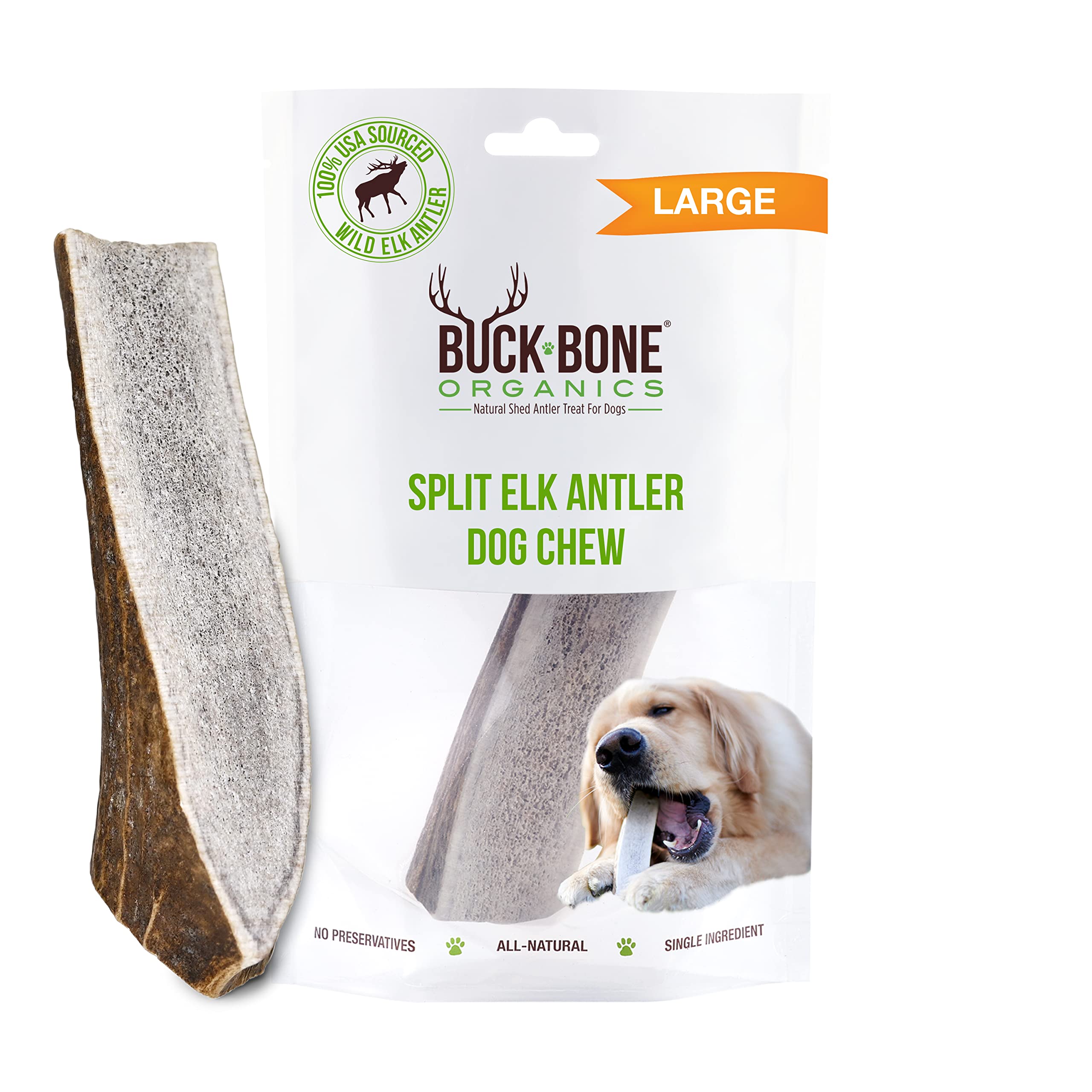 Buck Bone Organics elk antler large chew close-up showing durable, long-lasting chew