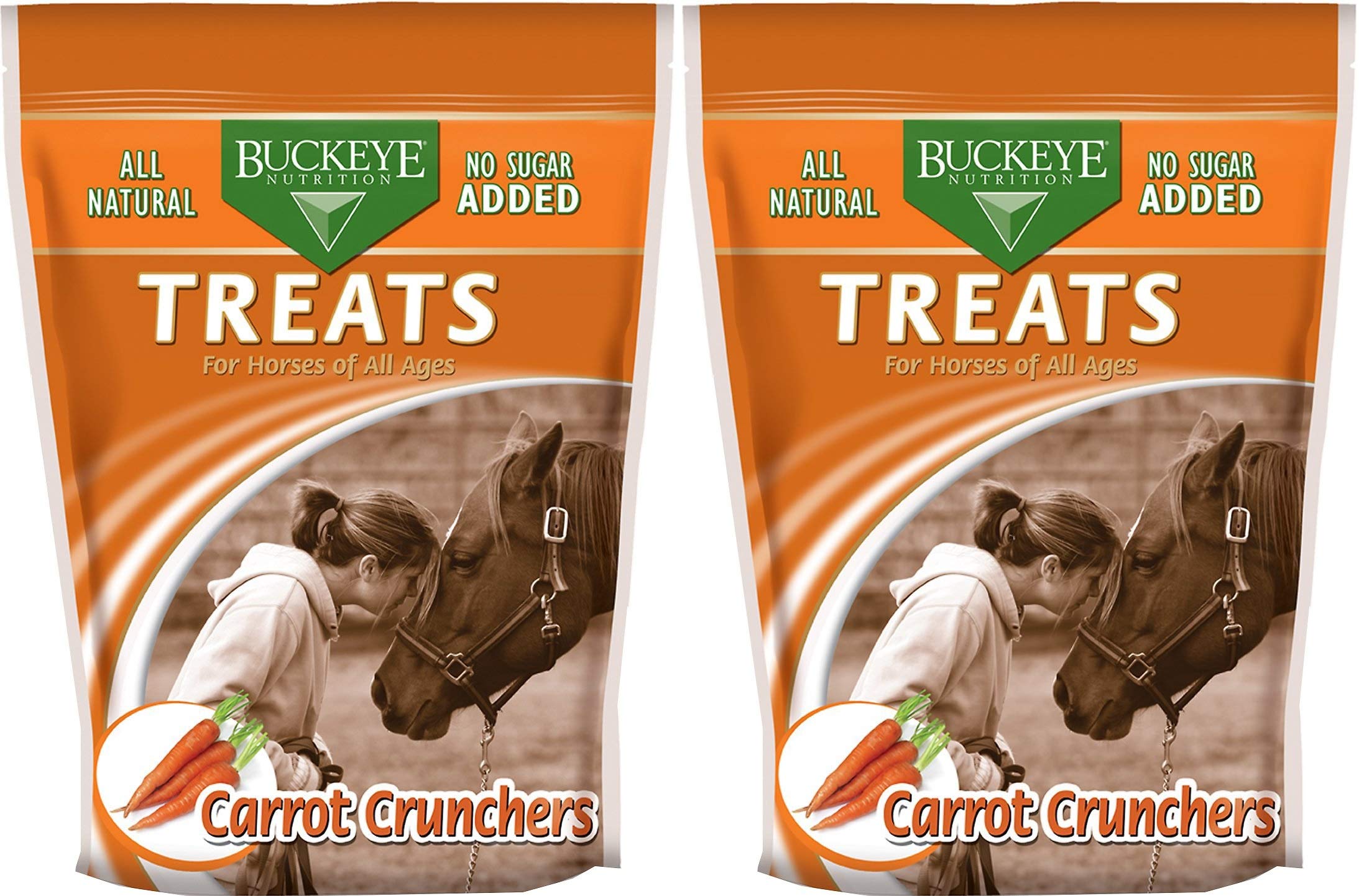 Buckeye Nutrition Carrot Crunchers bag close-up showing crunchy texture for training rewards.